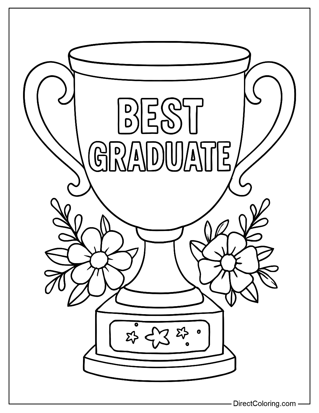 a coloring page of a trophy with the words “Best Graduate”, decorated with flowers and ribbons
